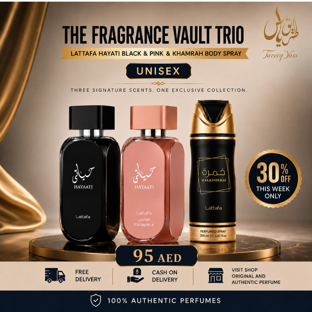 The Fragrance Vault Trio – Lattafa Hayati Black and Pink & Khamrah Body Spray