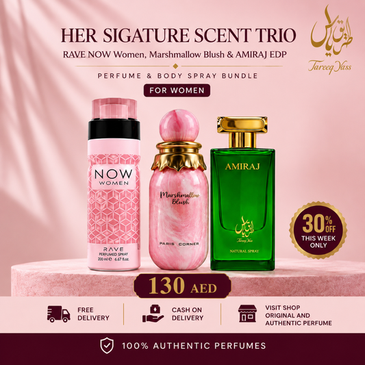 Her Signature Scent Trio – RAVE NOW Women, Marshmallow Blush & AMIRAJ EDP