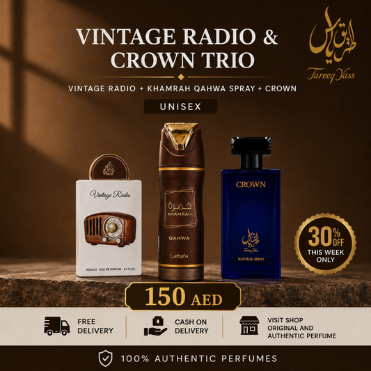 Vintage Radio & Crown Trio | Vintage Radio + Khamrah Qahwa Spray + Crown by TAREEQ YASS