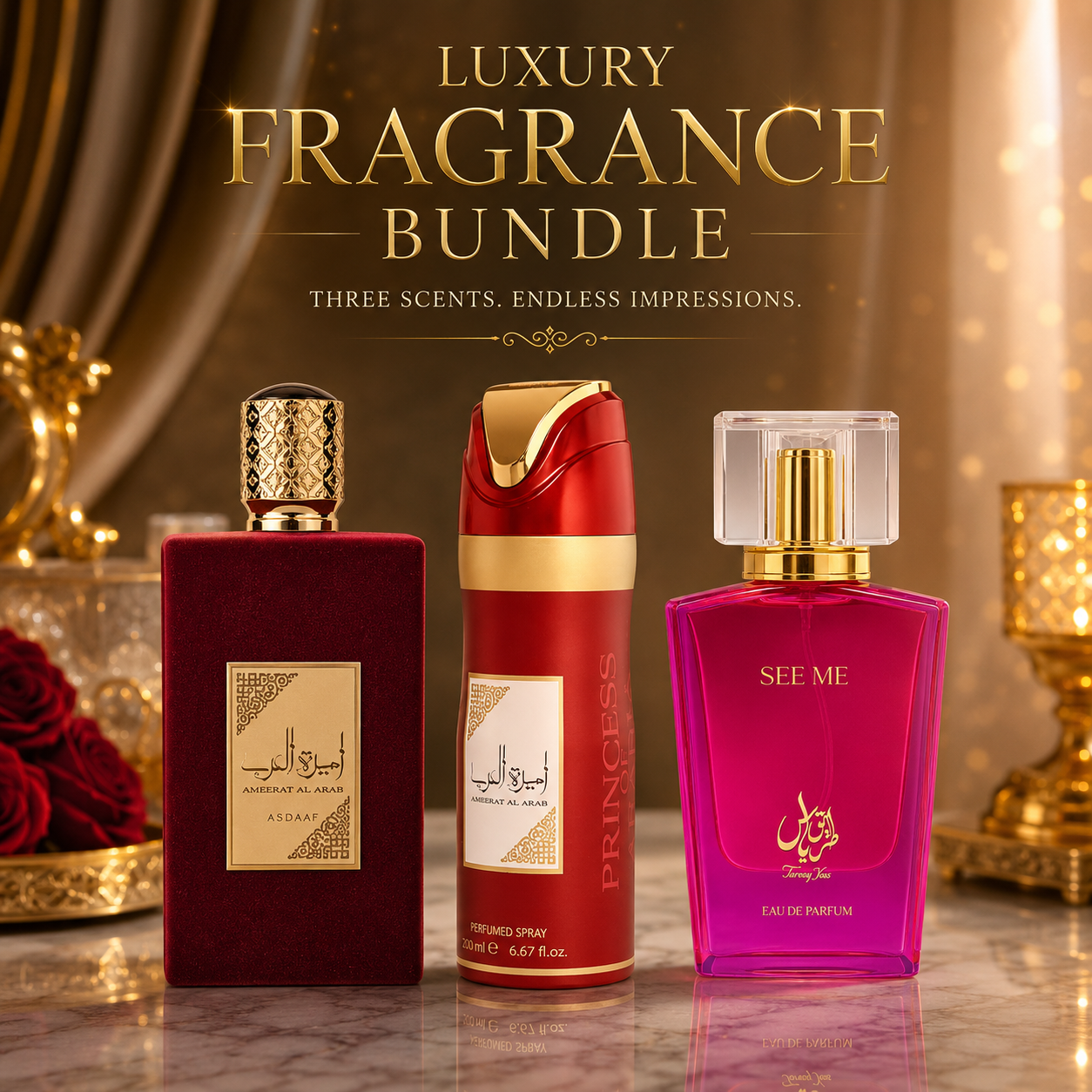 The Ameerat Signature Collection | Ameerat Al Arab Perfume + Ameerat Al Arab Body Spray + See Me By Tareeq Yass