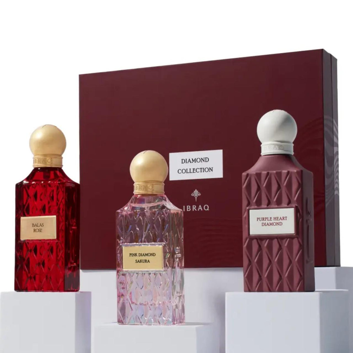 IBRAQ Maroon Diamond Collection Perfume Set by Ibraheem Al Qurashi.
