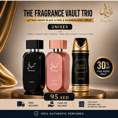 The Fragrance Vault Trio – Lattafa Hayati Black and Pink & Khamrah Body Spray