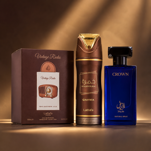 Vintage Radio & Crown Trio | Vintage Radio + Khamrah Qahwa Spray + Crown by TAREEQ YASS