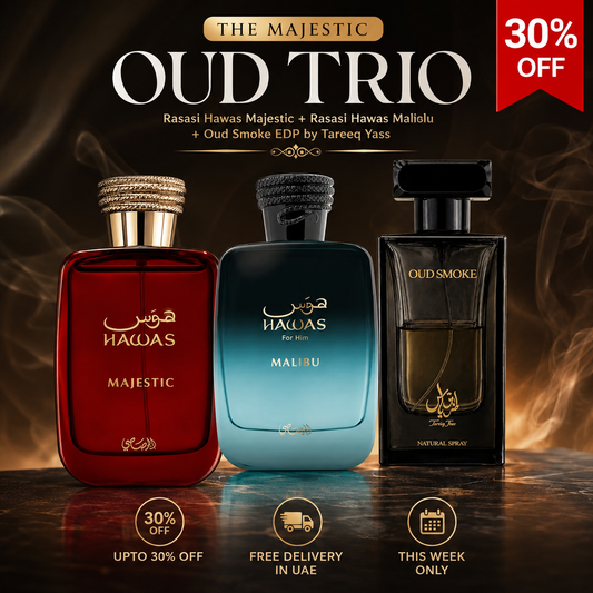 The Majestic Oud Trio | Rasasi Hawas Majestic + Rasasi Hawas Malibu + Oud Smoke EDP by Tareeq Yass