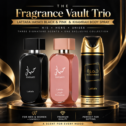 The Fragrance Vault Trio – Lattafa Hayati Black and Pink & Khamrah Body Spray
